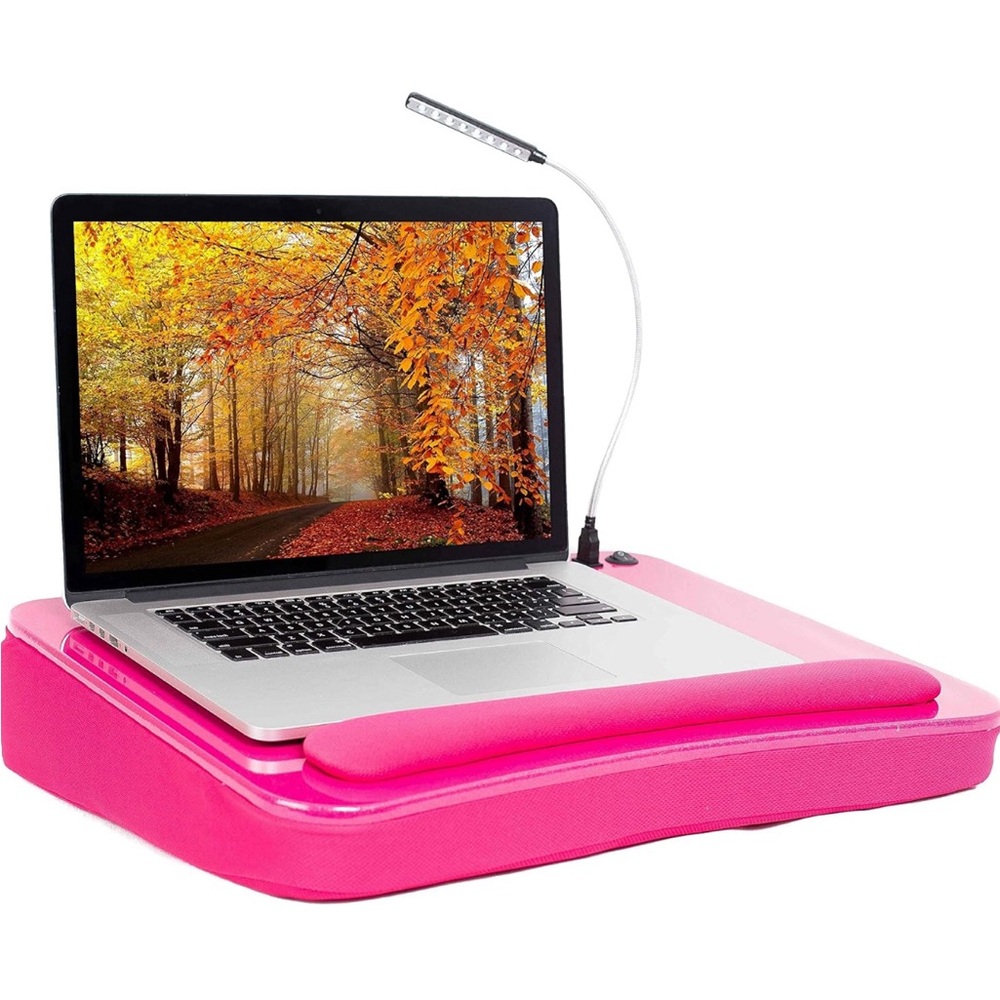 Lap Desk with USB Light (Pink) - Foam Cushion - Supports Laptops Up to 17 Inches